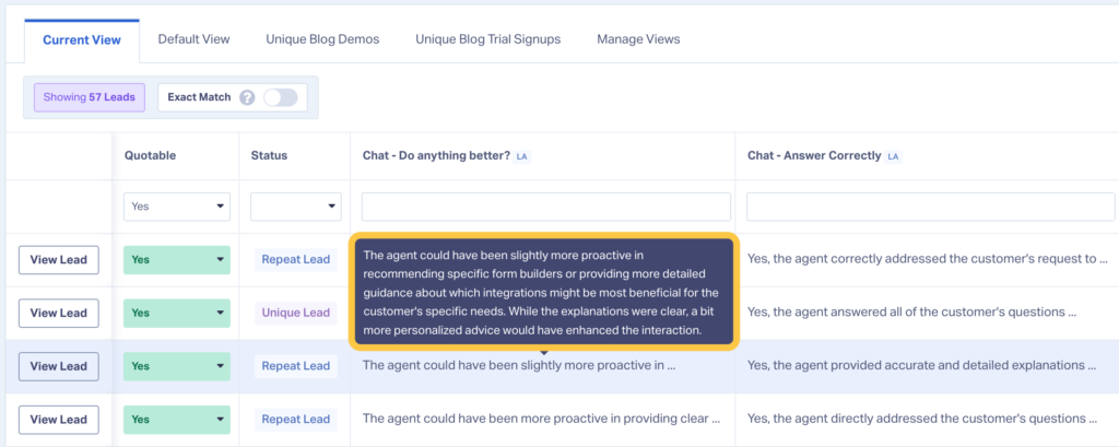Screenshot highlighting an Ask AI field in WhatConverts that tells you what an agent could have done better.