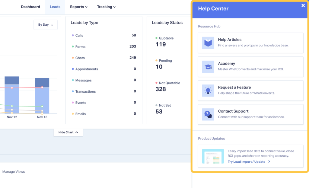 Screenshot of the new in-app Help Center in WhatConverts.