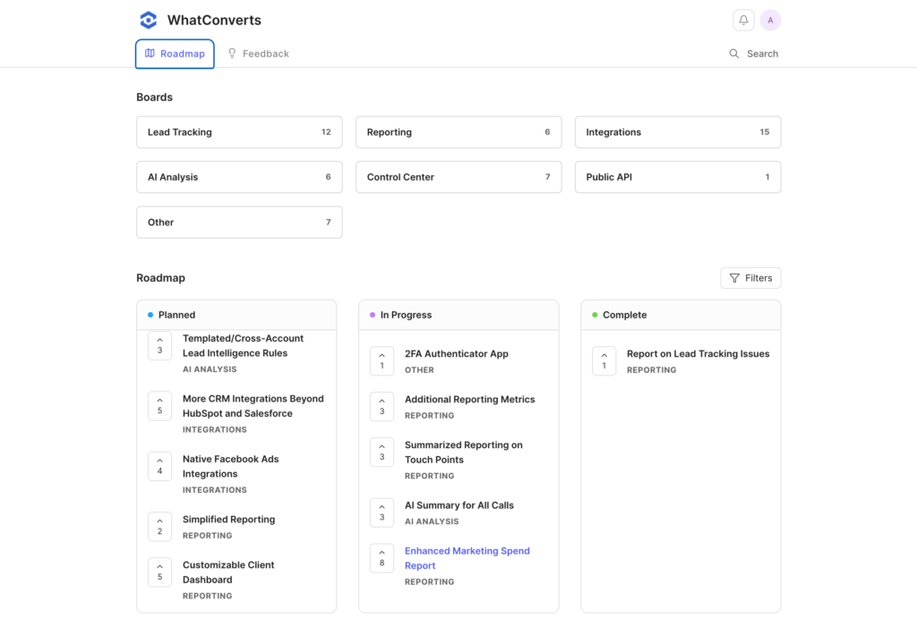 Screenshot of the WhatConverts Roadmap.