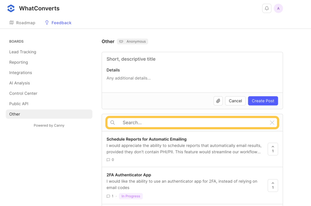 Screenshot of how to search for existing feature requests.