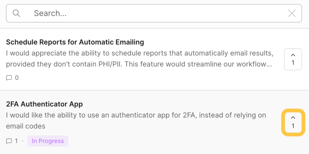 Screenshot of how to upvote feature requests.