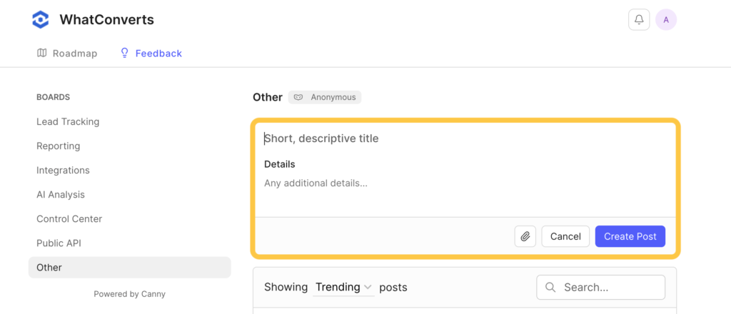 Screenshot of where to submit a new feature request in WhatConverts.