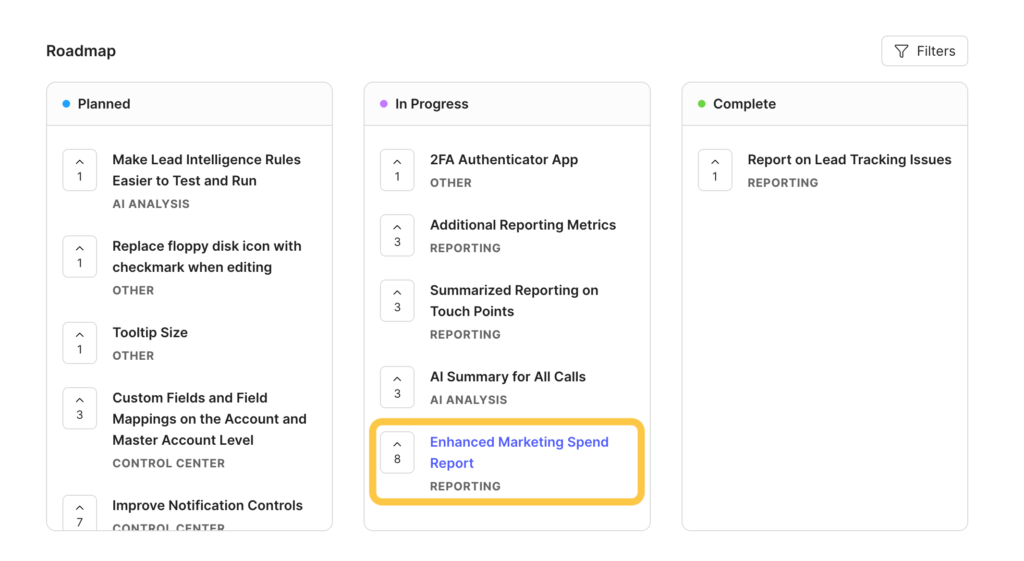 Screenshot of an upcoming feature on the WhatConverts Roadmap.