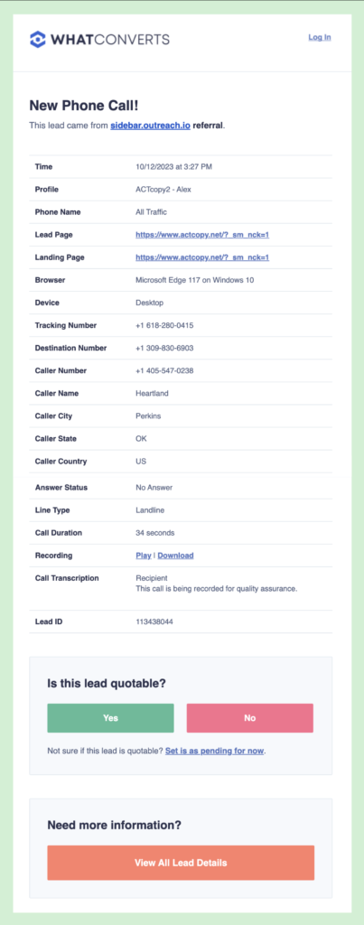 Screenshot of the email qualification notification for a call lead.