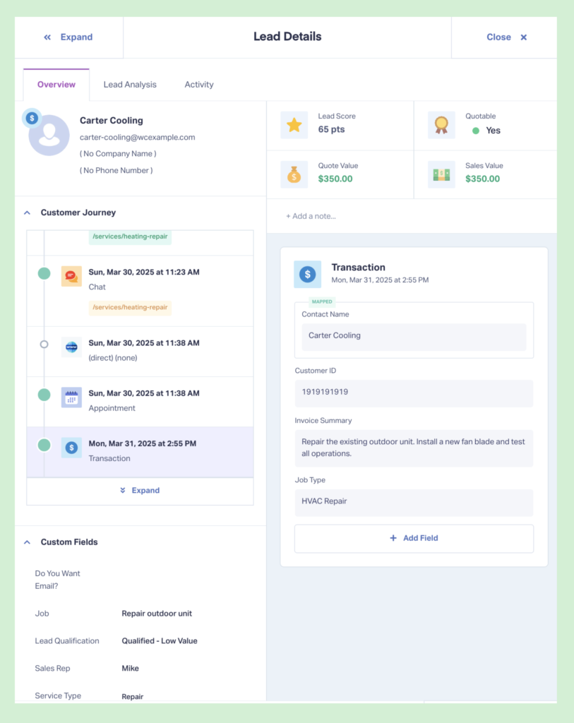 Screenshot of the lead details screen in WhatConverts, where you can see that this job is only worth $350.
