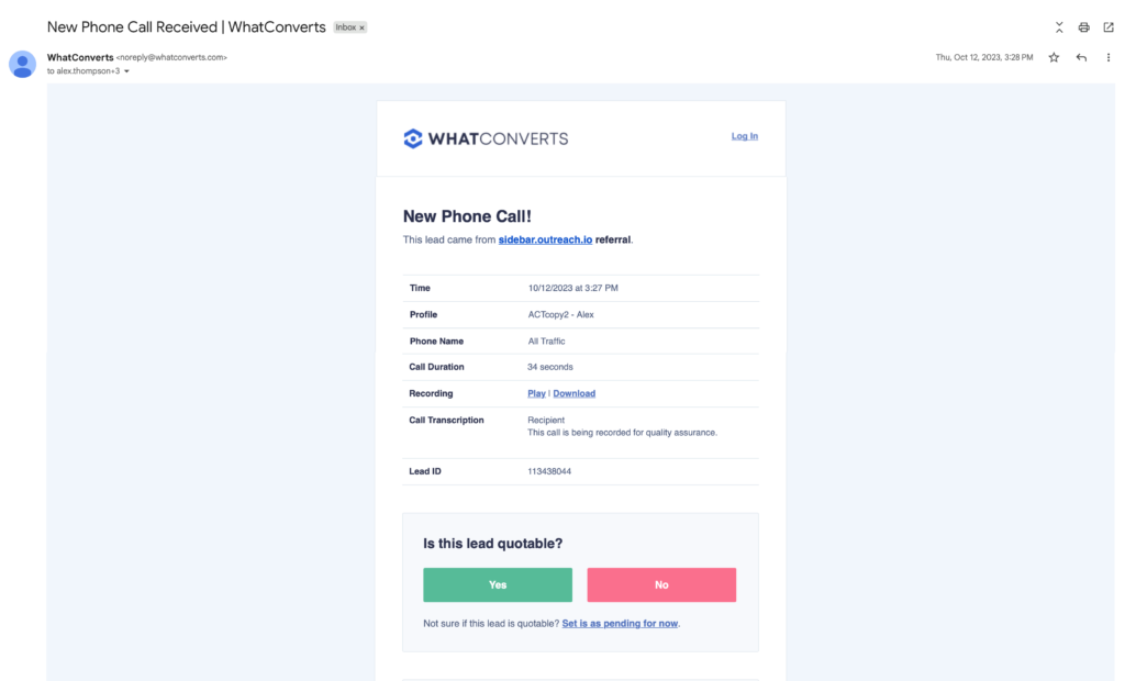 Screenshot of email alert from WhatConverts.