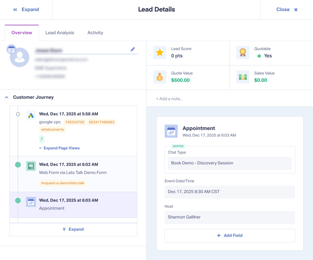 Screenshot showing how Calendly appointments appear in WhatConverts.
