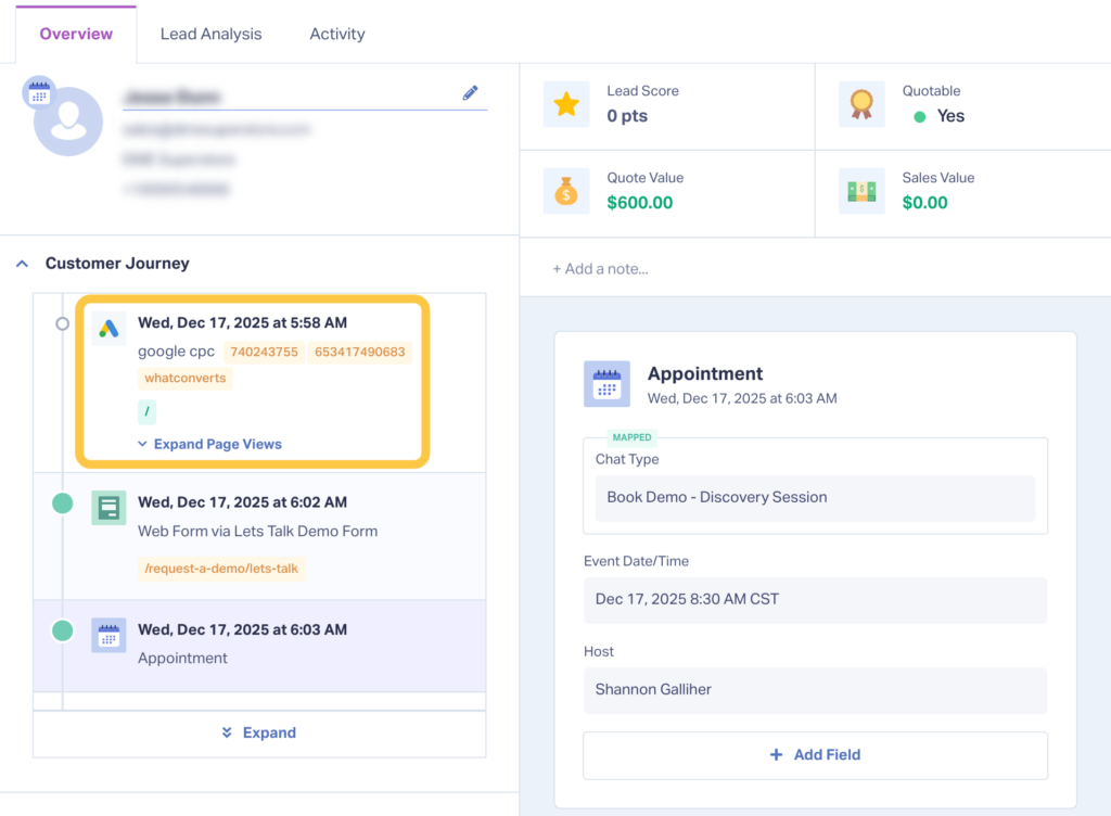 Screenshot showing how Calendly appointments appear with marketing attribution in WhatConverts.