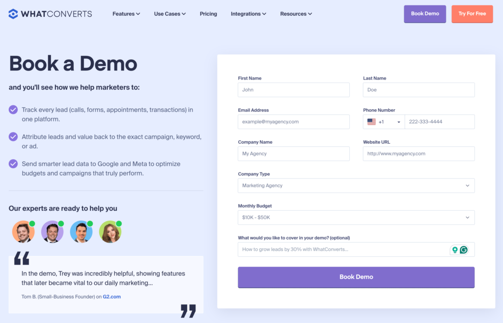 WhatConverts demo page showing demo form that books through Calendly.