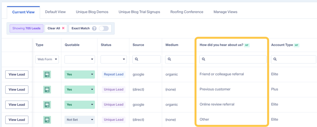 WhatConverts screenshot showing referral source mapped fields.