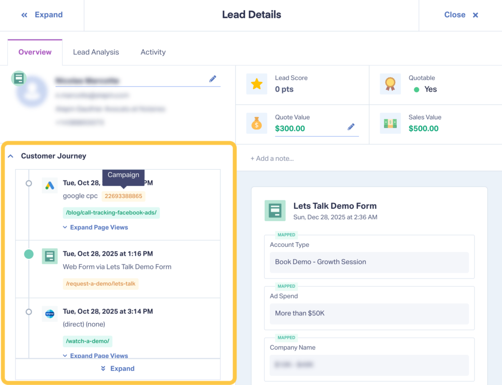 WhatConverts screenshot showing lead attribution for a lead.
