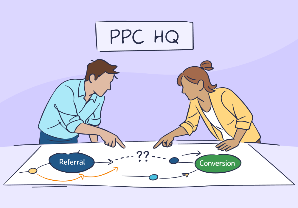 Illustration showing concepts related to The Referral-to-Search Funnel: How Marketers Turn Referrals Into Search Advantage