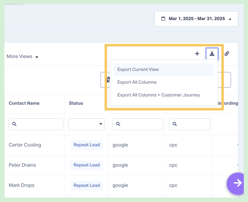 Screenshot showing how to export all closed customers' lead details to build exclusion lists.