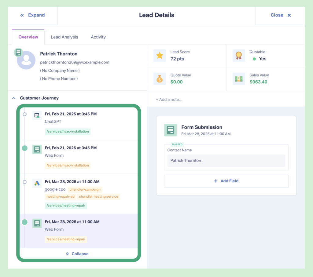 Screenshot of the customer journey in WhatConverts where ChatGPT appears as the first touch