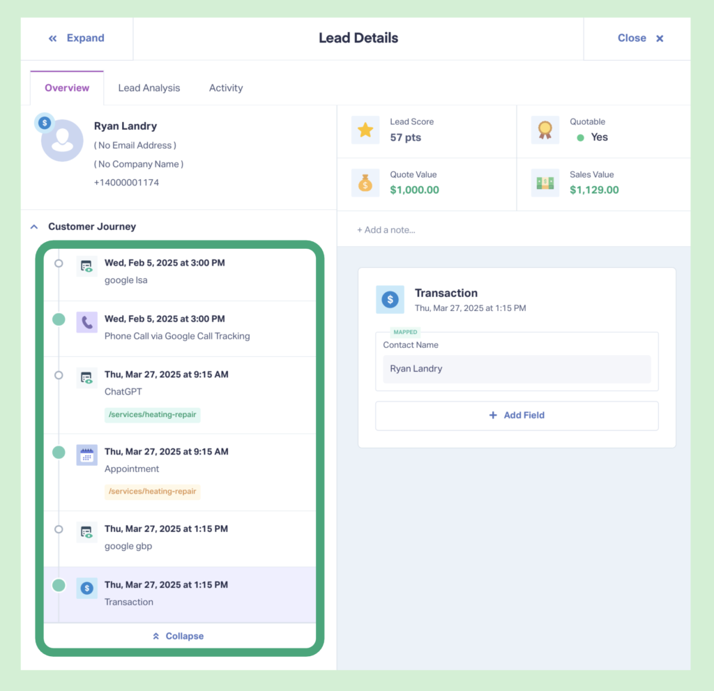 Screenshot of the customer journey in WhatConverts where ChatGPT appears in the middle of the funnel