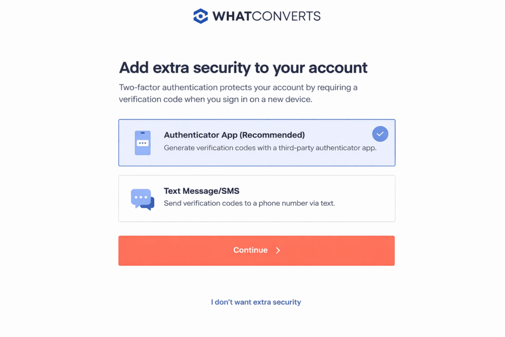 Screenshot of the authenticator app-based 2FA prompt upon logging in to WhatConverts.
