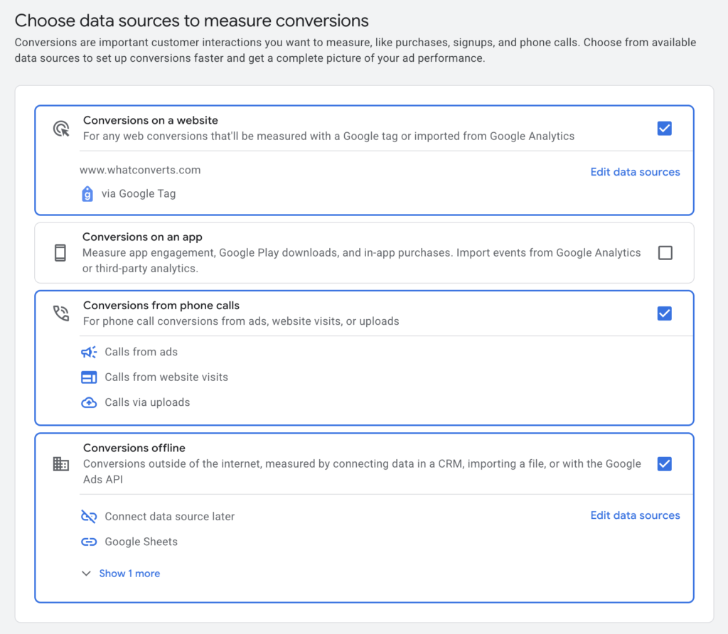 Screenshot of the conversion setup screen in Google Ads