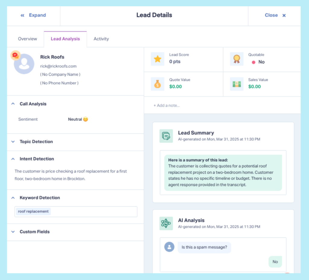 Screenshot of the Lead Analysis panel for a chat lead, showing that the customer is casually price shopping for a potential roof replacement project.
