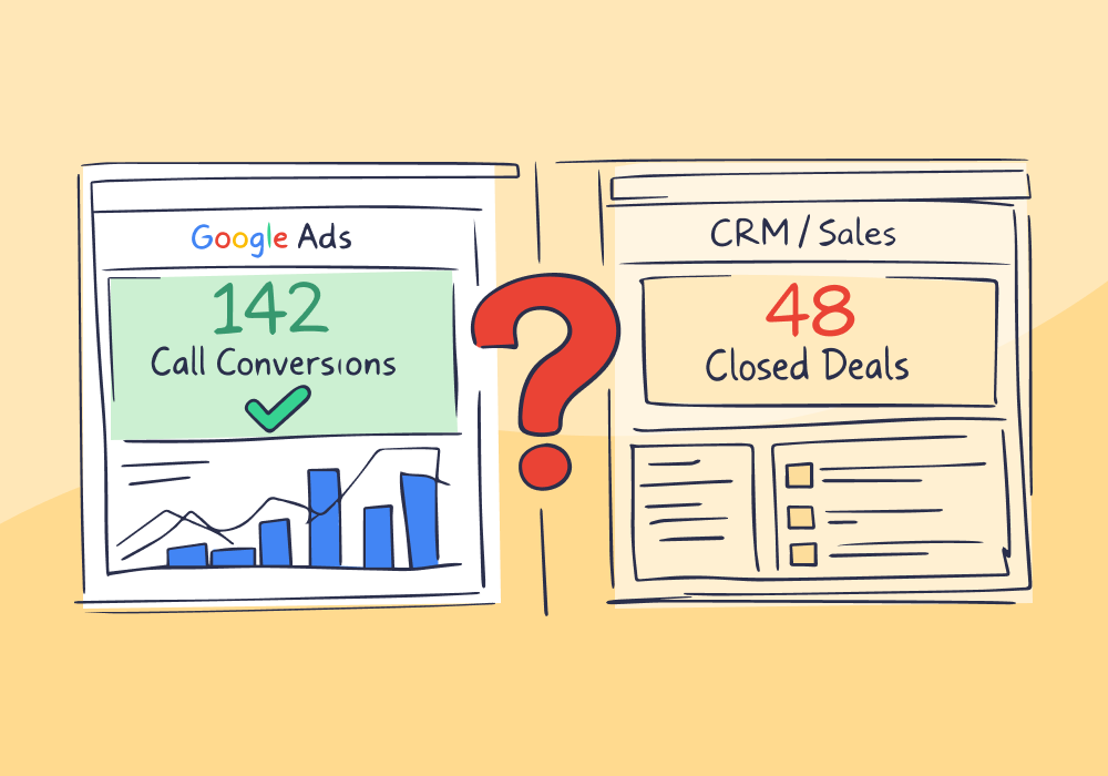 Illustration showing concepts related to Why “Call Conversions” in Google Ads Rarely Match What Sales Actually Closes