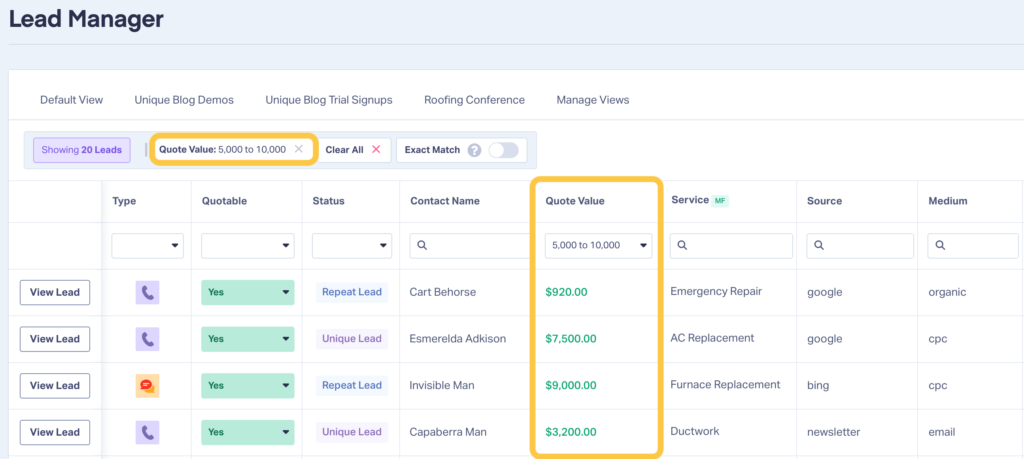 Screenshot of WhatConverts showing how to filter leads by value. 