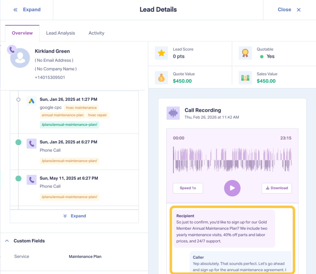 Screenshot of WhatConverts Lead Details page showing how you can understand services requested using the transcription and recording feature. 