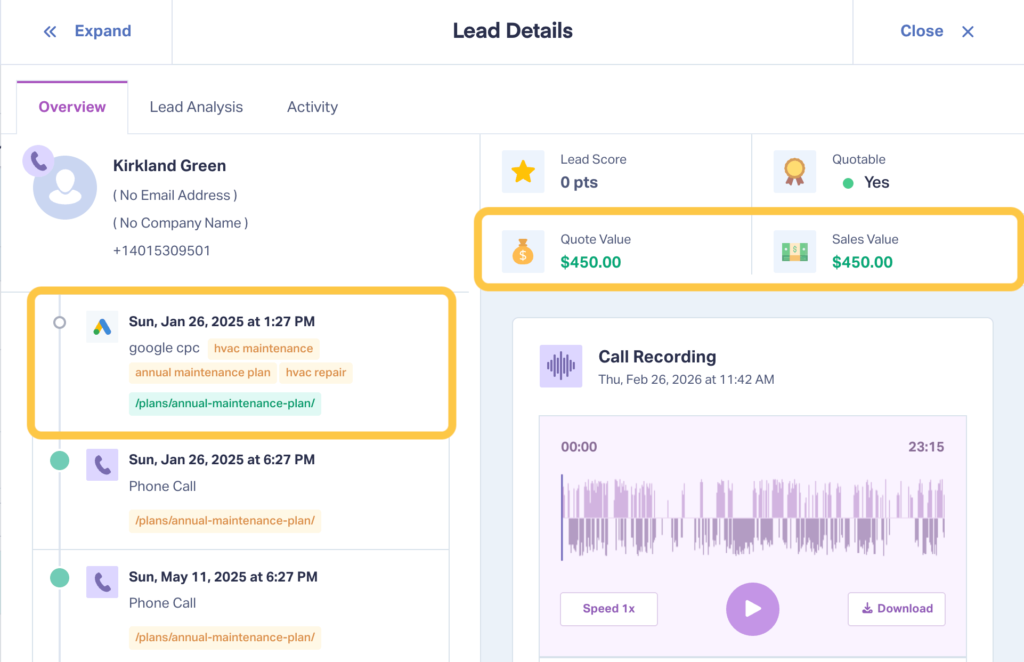 Screenshot of WhatConverts Lead Details page showing how you can directly import lead value from a client's CRM into the Lead Details page.
