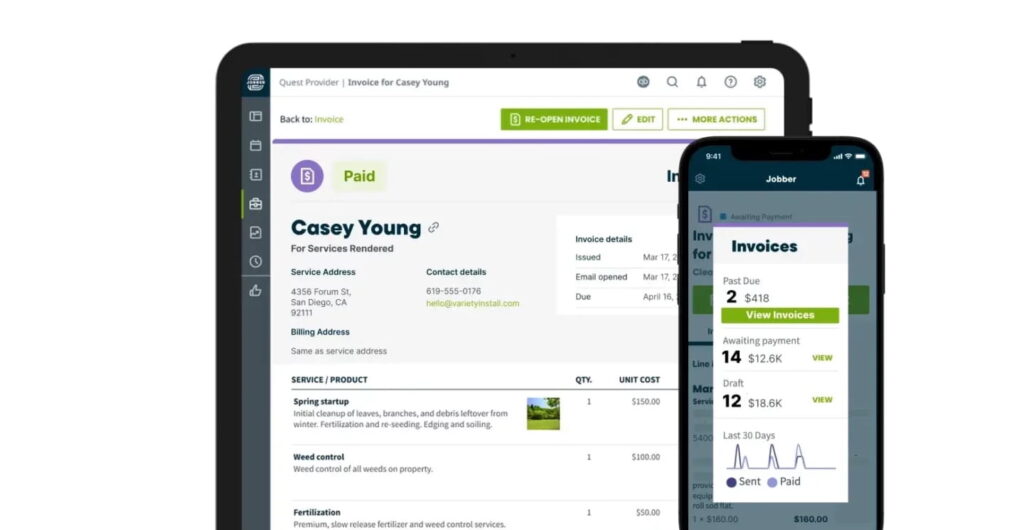Jobber interface showing invoicing software. WhatConverts integrates with Jobber natively so marketers can see what completed jobs and revenue their marketing created.