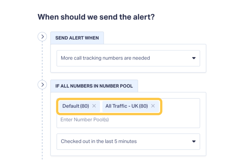 Screenshot showing the tracking number count that now appears in your number pools when setting up alerts.
