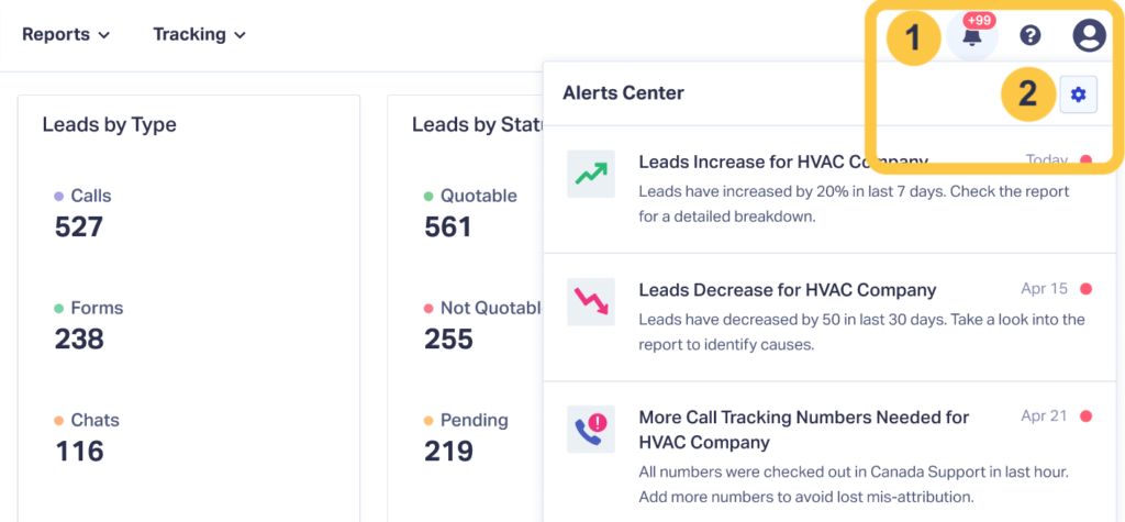 Screenshot showing how to get to the Alerts Center so you can create a new alert.