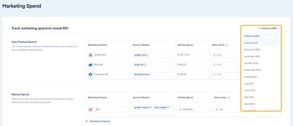 Screenshot of the new Marketing Spend feature that lets you easily select months so you can adjust past marketing spend. 