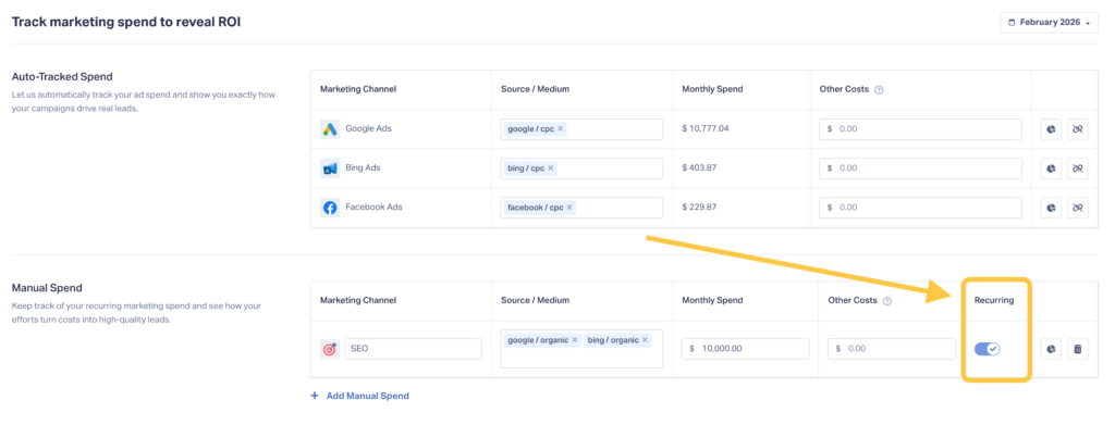 Screenshot of the new Marketing Spend feature that allows you to select whether a manual cost is recurring or not.
