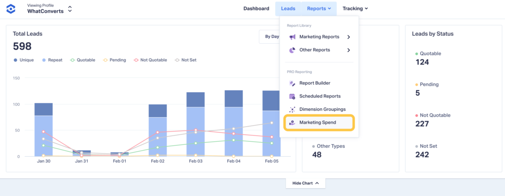 Screenshot of the new Marketing Spend feature located in Reports then Marketing Report. 