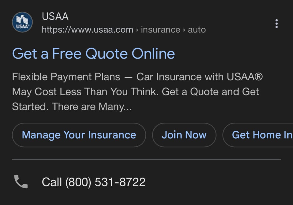 Screenshot of what a call extension looks like on Google Ads