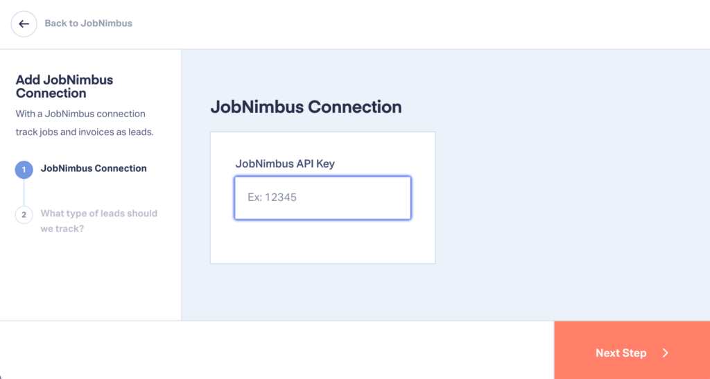 Screenshot showing how easy it is to connect your JobNimbus account to WhatConverts.
