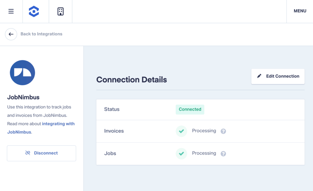 Screenshot showing the JobNimbus connection being able to track both Jobs and Invoices.