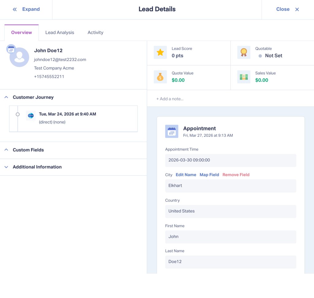 Screenshot showing A lead inside WhatConverts with a job booked in JobNimbus.