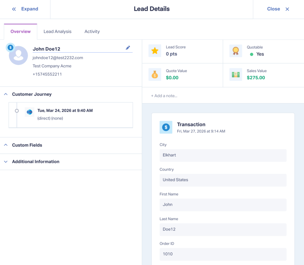 Screenshot showing A lead inside WhatConverts with an invoice paid in JobNimbus.