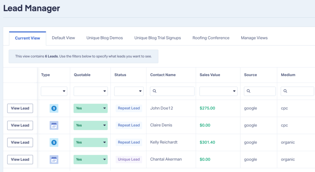 Screenshot showing JobNimbus leads inside WhatConverts' Lead Manager.