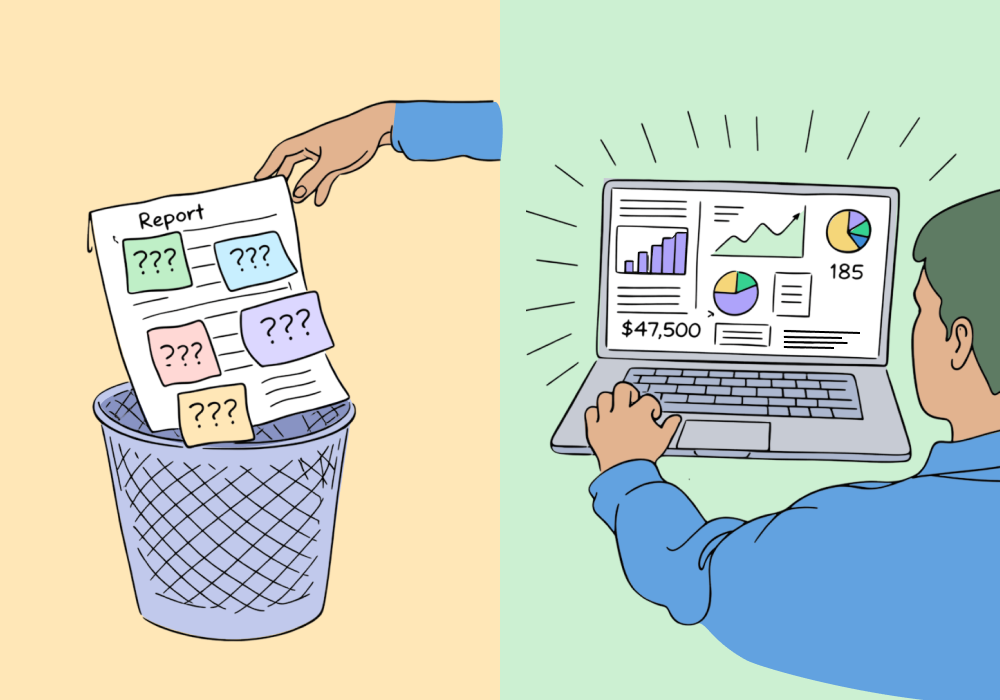 Illustration showing concepts related to Why Static Client Reports Are Killing Agency Retention