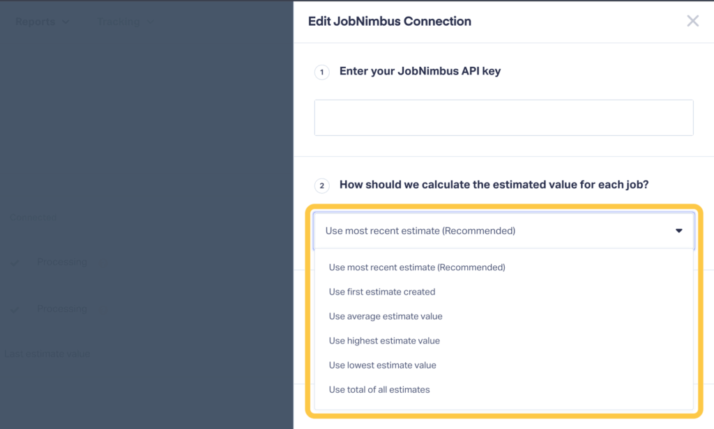 Screenshot showing the six different options for determining quote value from the JobNimbus integration.