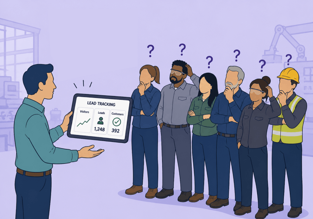 Illustration showing concepts related to 64% of Manufacturers Feel Behind in Marketing. Here's One Concrete Way to Get Ahead.
