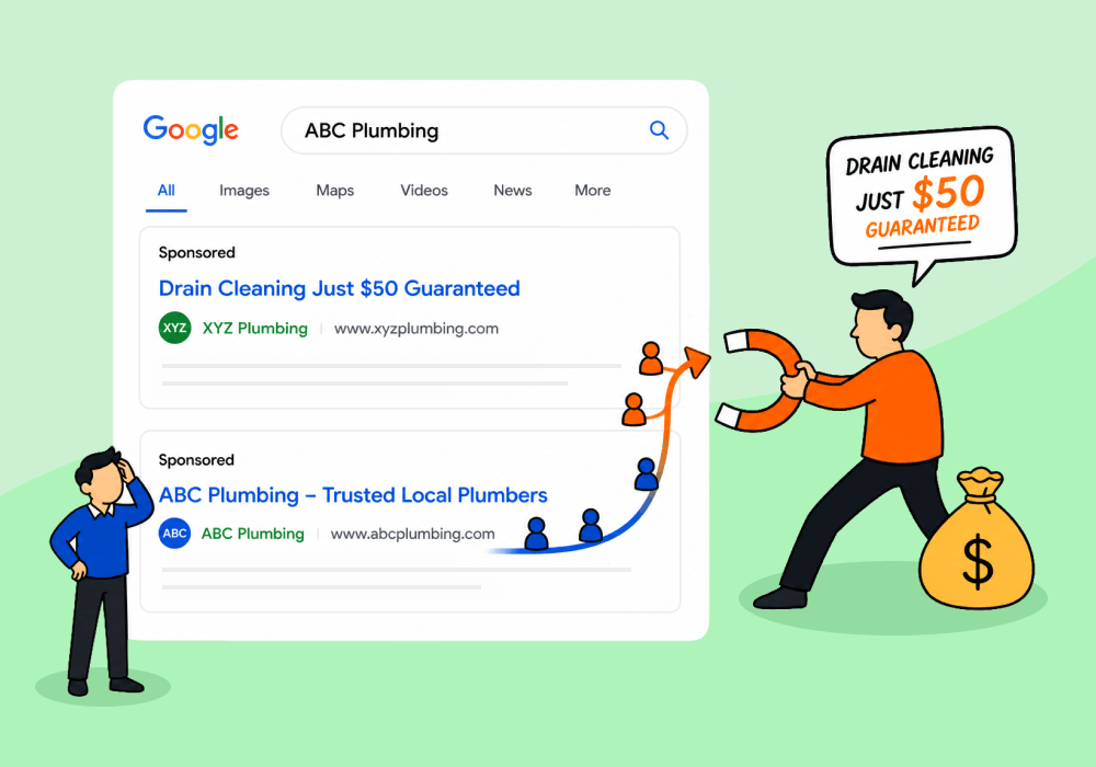 Illustration showing concepts related to The Competitor That's Bidding on Your Client's Brand and Eating Your Conversion Data