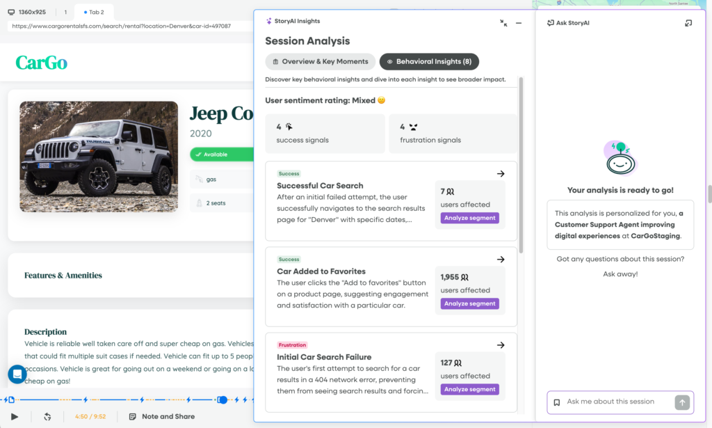 Screenshot of the Fullstory platform