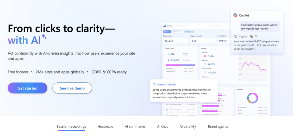 Screenshot of the Microsoft Clarity homepage