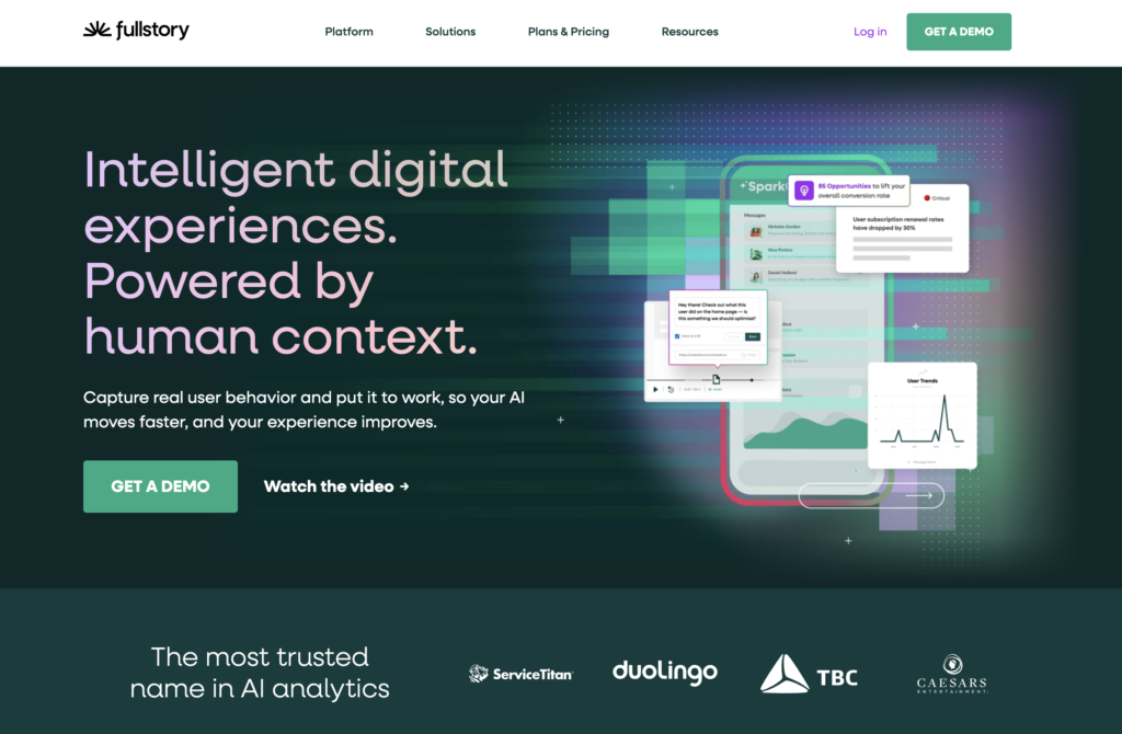 Screenshot of the FullStory home page