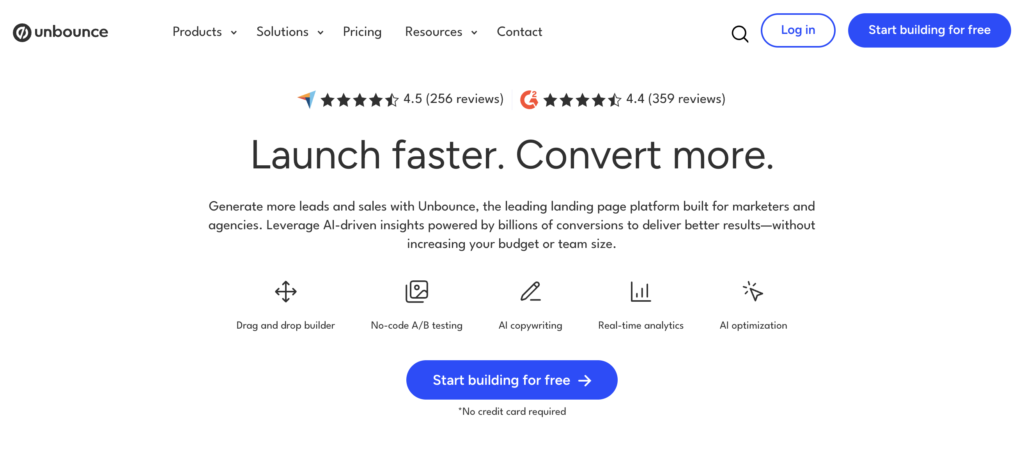 Screenshot of the unbounce homepage
