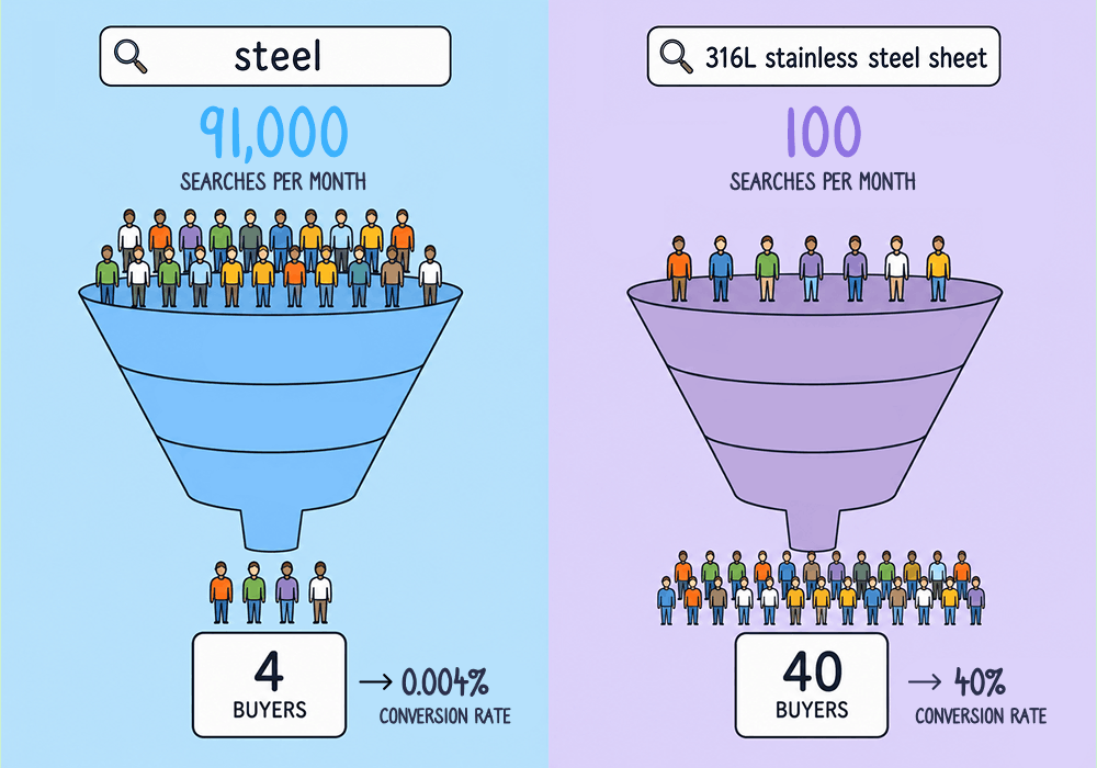 A graphic showing two funnels: a high-search volume funnel for the keyword "steel" that produces lots of clicks but only 4 buyers, and a low search volume funnel for the keyword "316L stainless steel sheet" that produces few clicks but 40 buyers.