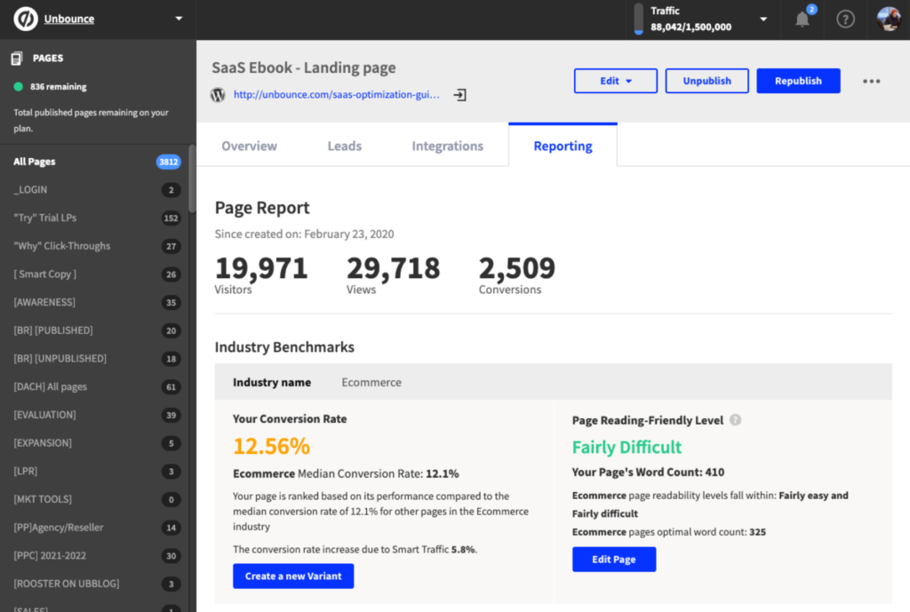 Screenshot of the Unbounce platform