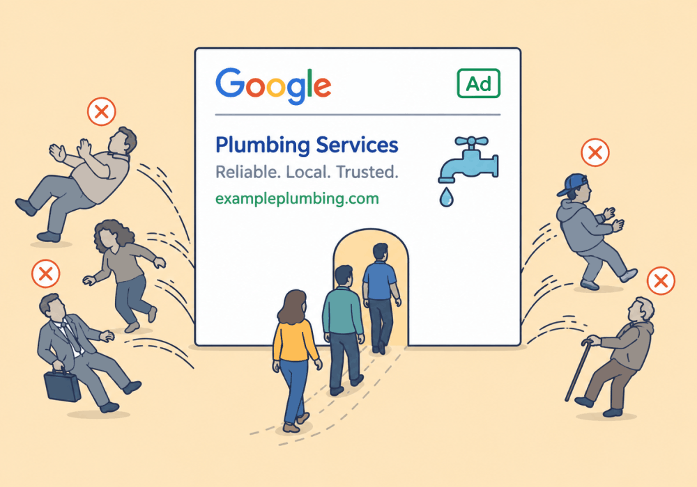 Image showing a Google Ad letting right-fit leads through to the business while wrong-fit leads are bounced before they even click.
