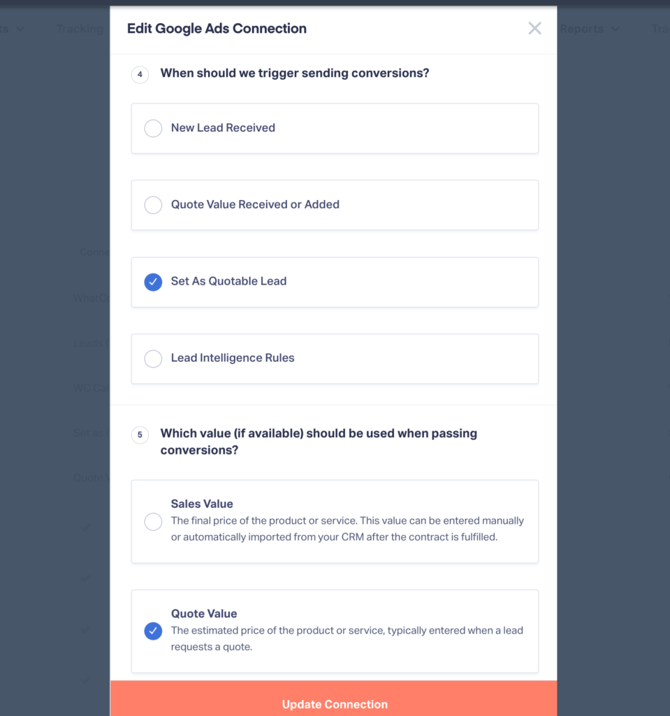 Screenshot of the Google Ads integration in WhatConverts where you can decide which conversions to send.